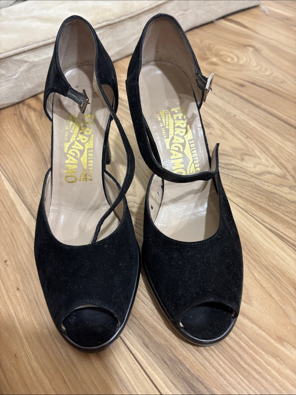 Salvatore Ferragamo Black Suede Peep-Toe Ankle-Strap Heels